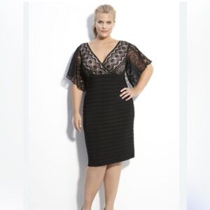 Adrianna Papell Black Nude Elegant Cocktail Sheer Flutter Midi Lace Formal Dress